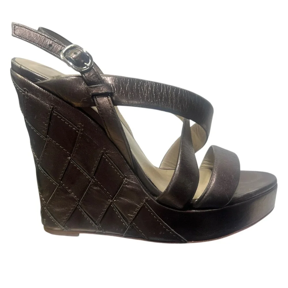 Valentino Garavani Womens 36 Metallic Bronze‎ Leather Quilted Platform Wedges
